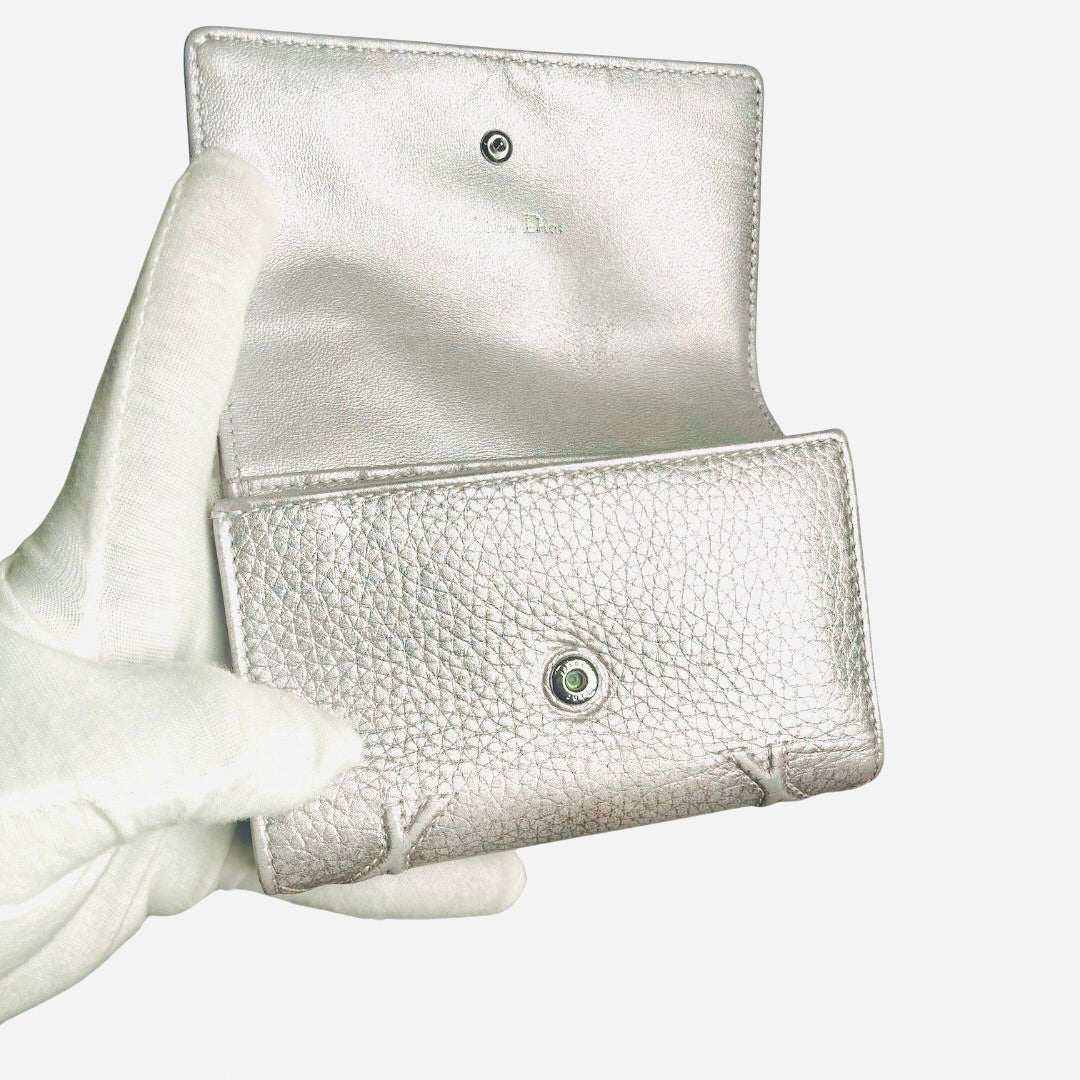 Christian Dior Diorama Iridescent Grey Light Gold Hardware CD Monogram Logo Quilted Cannage Leather Flap Compact Trifold Wallet
