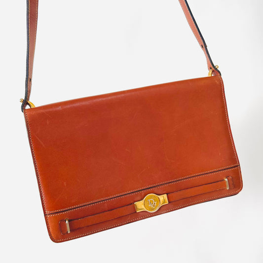 Christian Dior CD Caramel Tan Brown GHW Monogram Logo Smooth Leather 2-Way Flap Shoulder Sling Bag