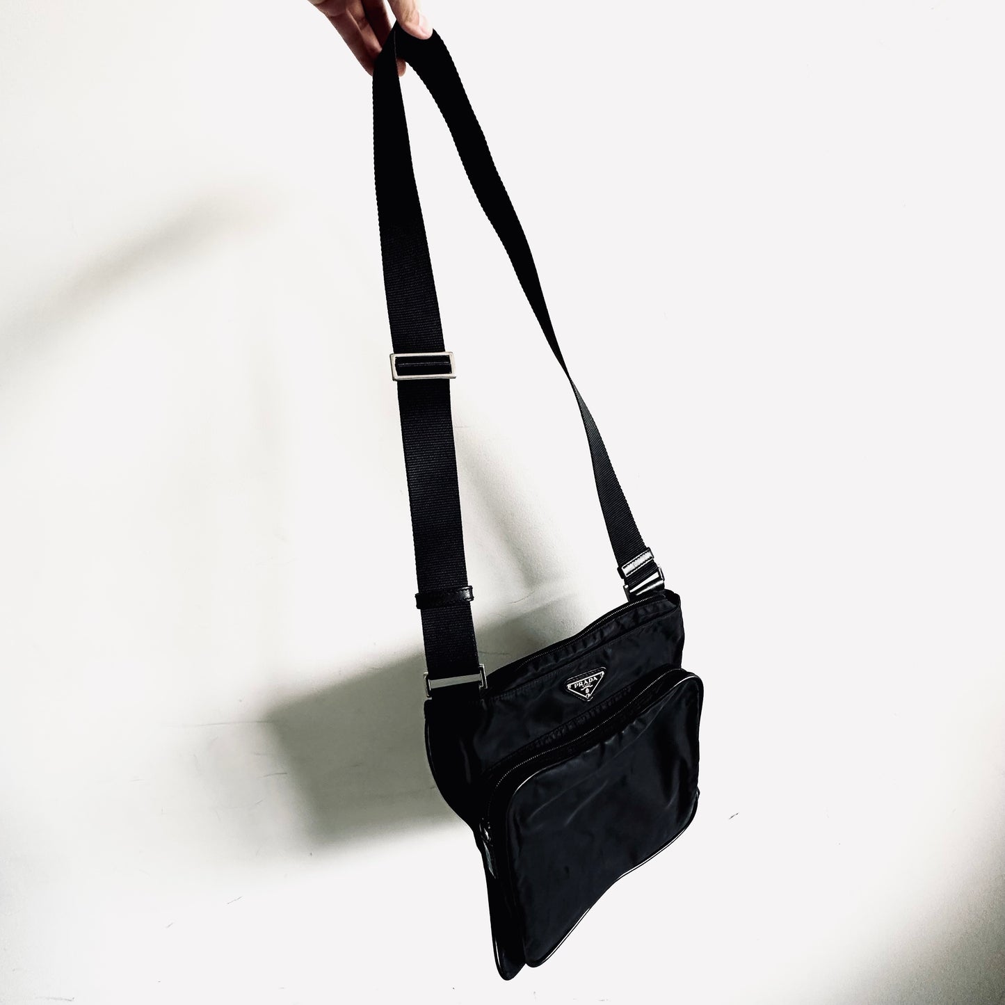 Prada Black Classic Logo Tessuto Nylon & Leather Camera Shoulder Sling Bag