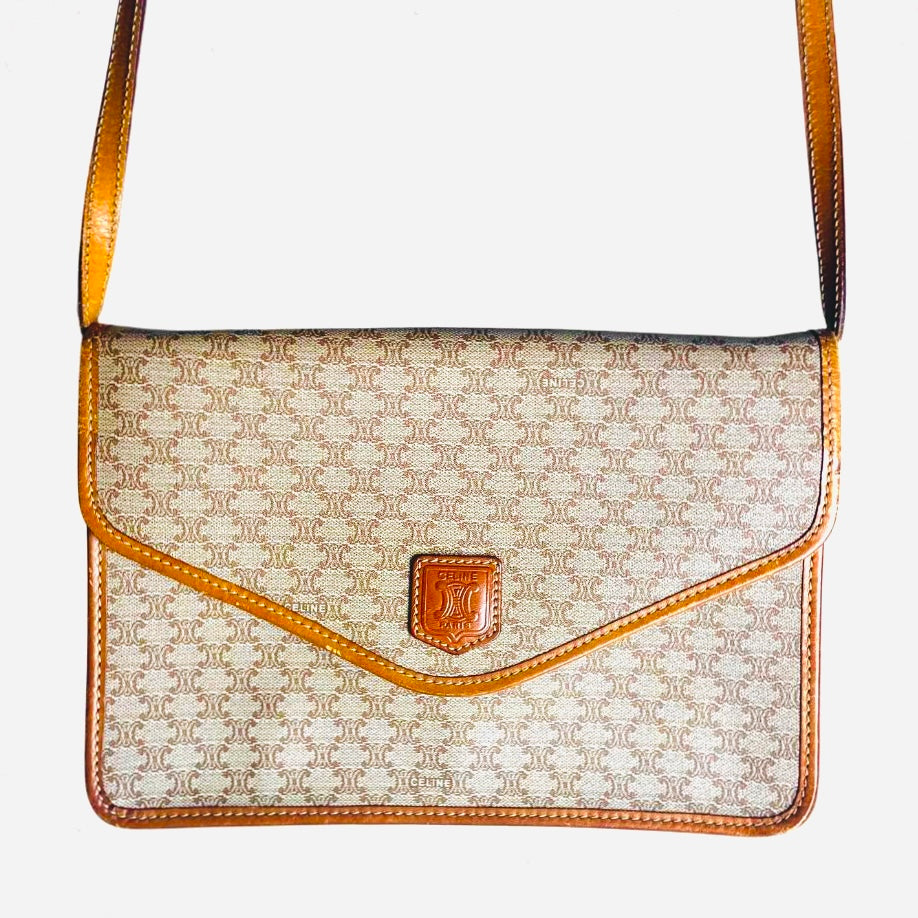Celine Beige GHW Triomphe Macadam Monogram Logo Flap Small Vintage Shoulder Sling Bag