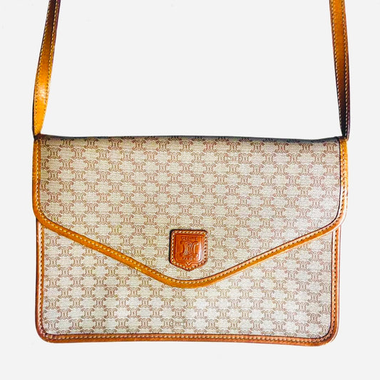Celine Beige GHW Triomphe Macadam Monogram Logo Flap Small Vintage Shoulder Sling Bag