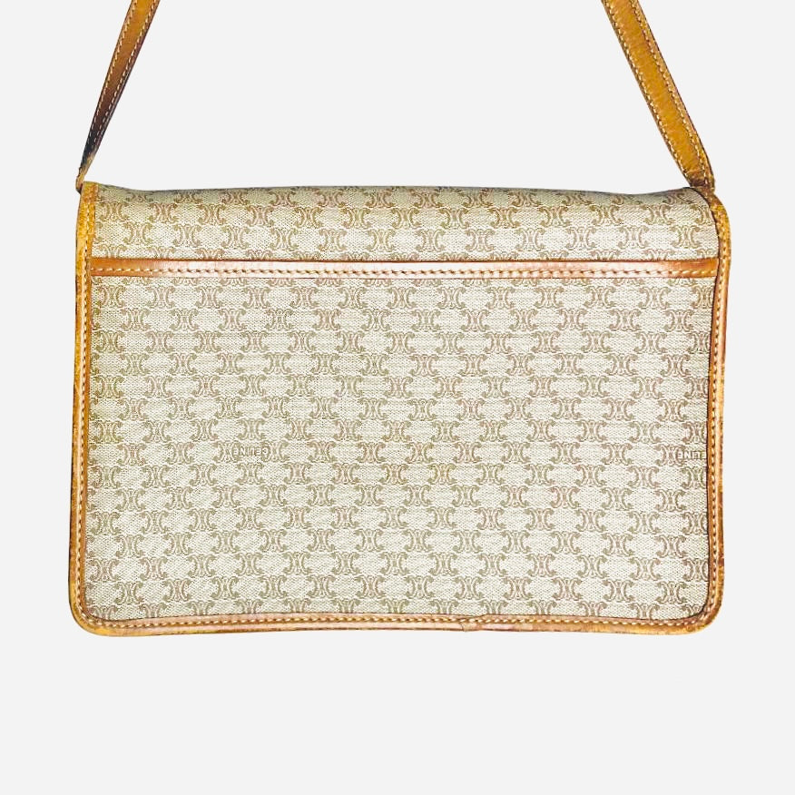 Celine Beige GHW Triomphe Macadam Monogram Logo Flap Small Vintage Shoulder Sling Bag