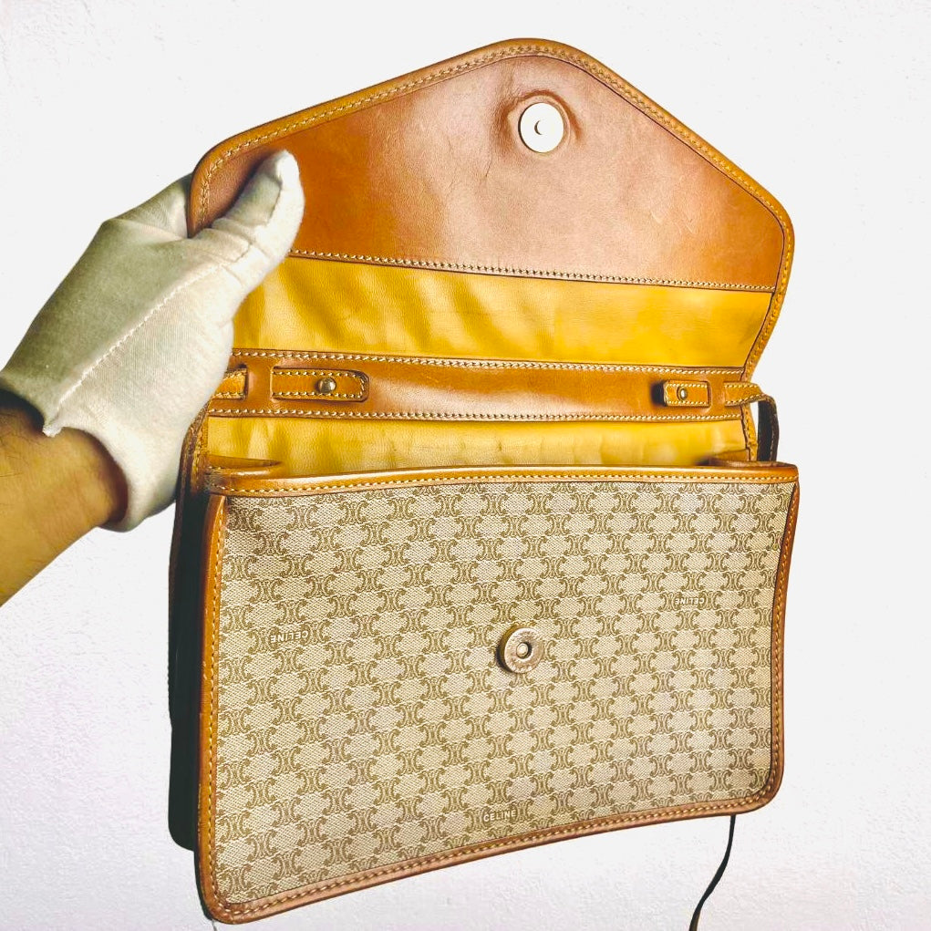 Celine Beige GHW Triomphe Macadam Monogram Logo Flap Small Vintage Shoulder Sling Bag