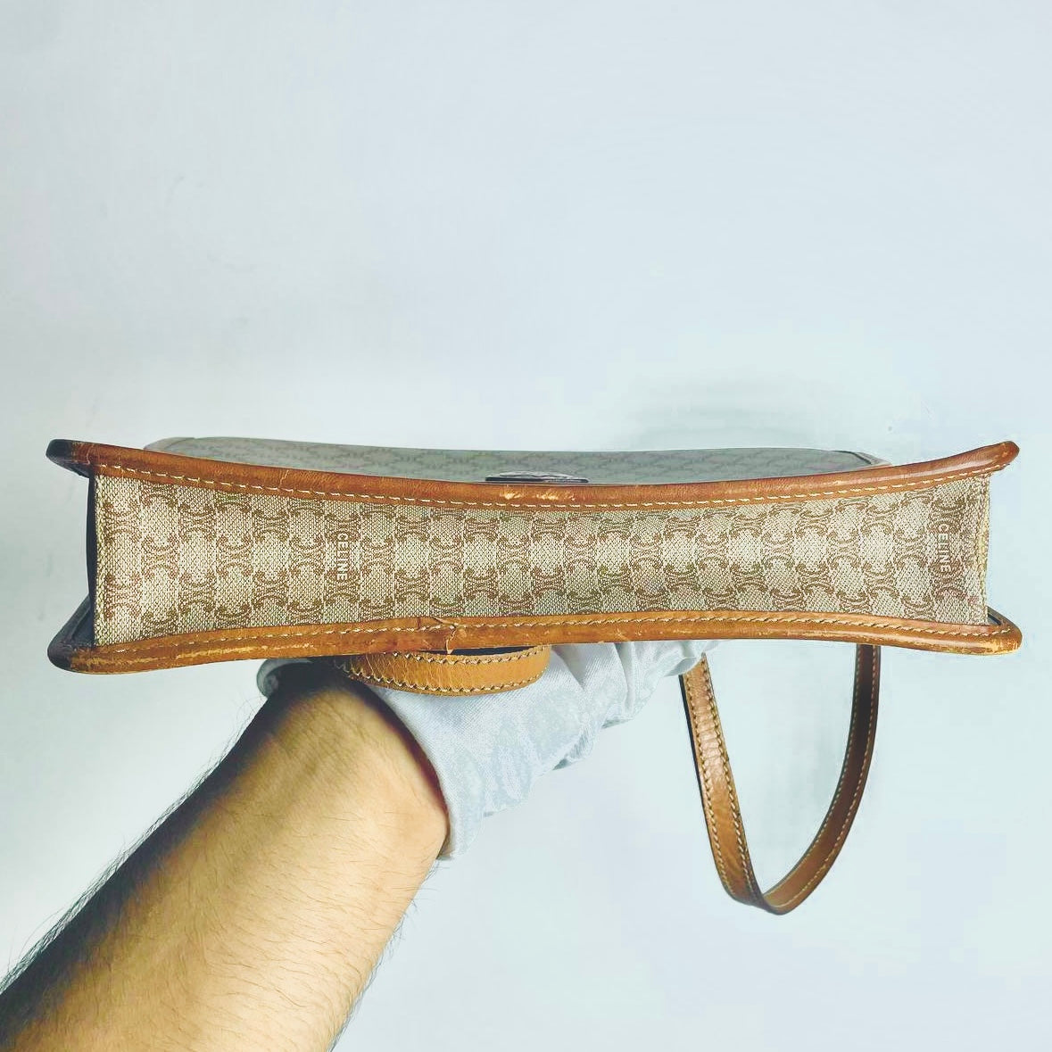Celine Beige GHW Triomphe Macadam Monogram Logo Flap Small Vintage Shoulder Sling Bag