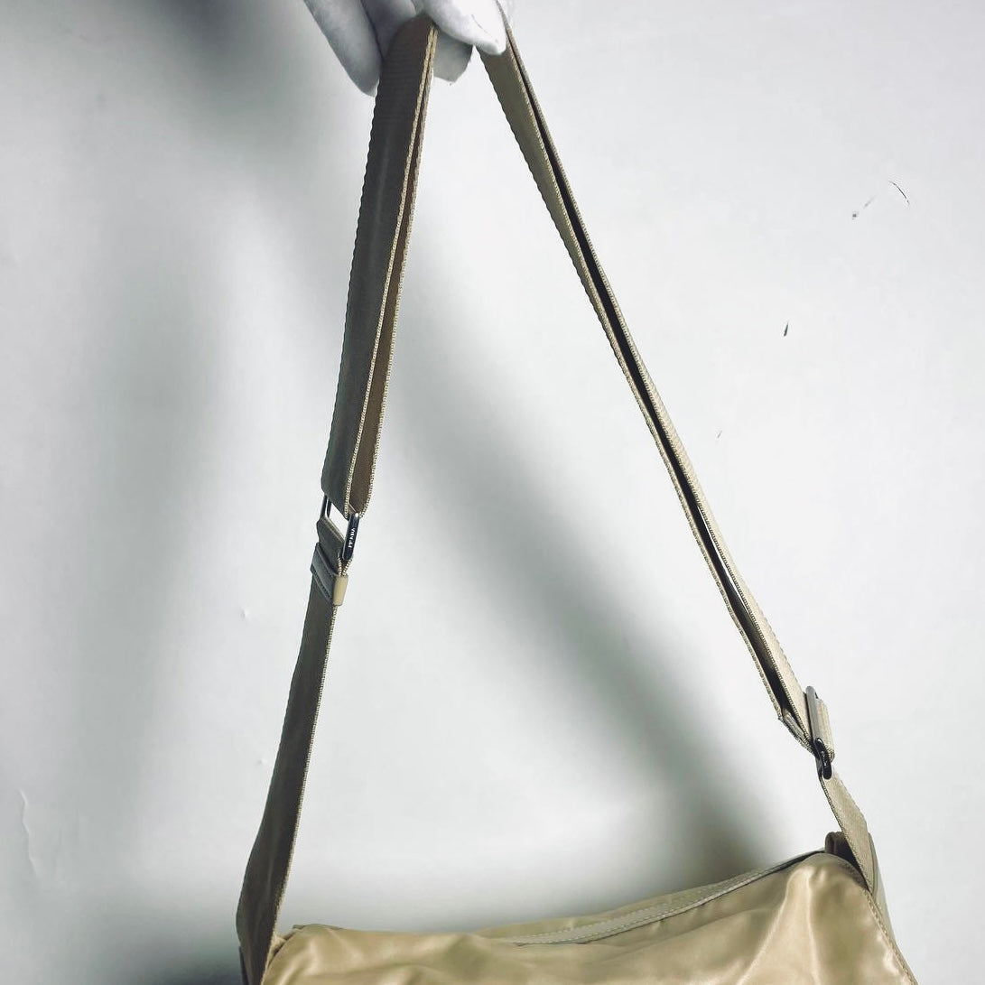 Prada Beige Taupe Vela Classic Logo Nylon & Leather Flap Shoulder Sling Bag