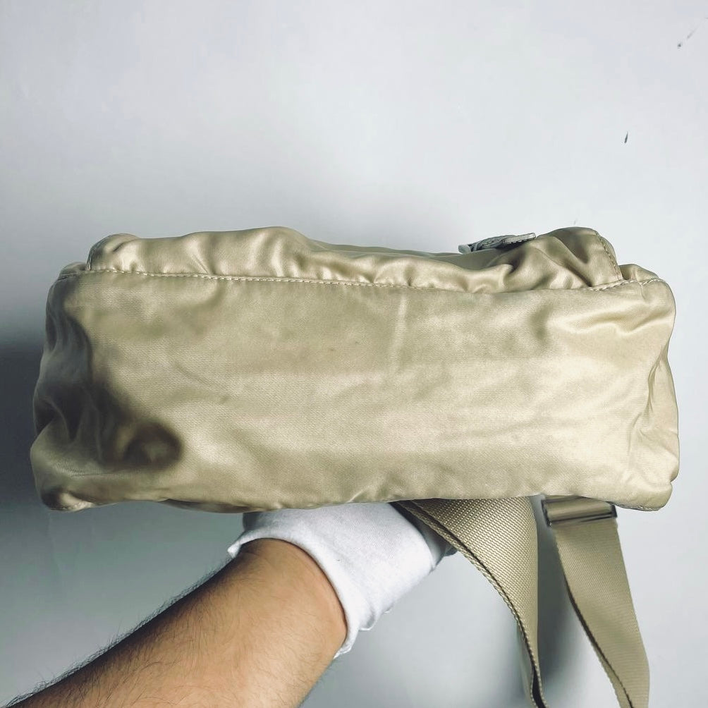 Prada Beige Taupe Vela Classic Logo Nylon & Leather Flap Shoulder Sling Bag