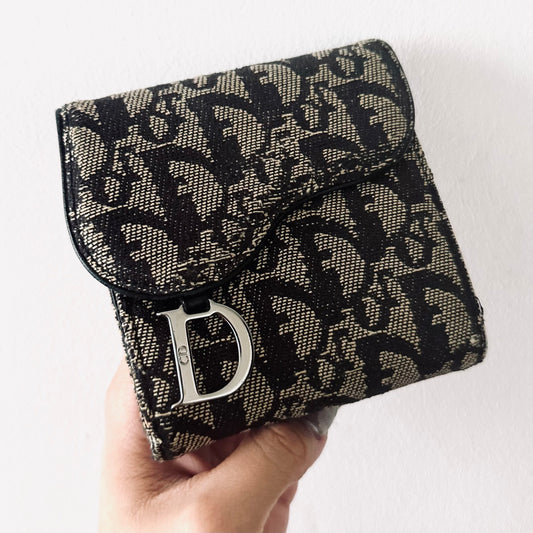 Christian Dior CD Black Saddle Lotus Oblique Monogram Logo Flap Trifold Compact Wallet