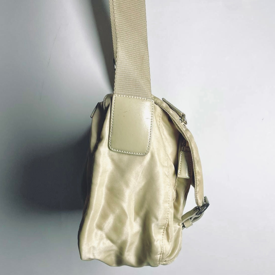 Prada Beige Taupe Vela Classic Logo Nylon & Leather Flap Shoulder Sling Bag