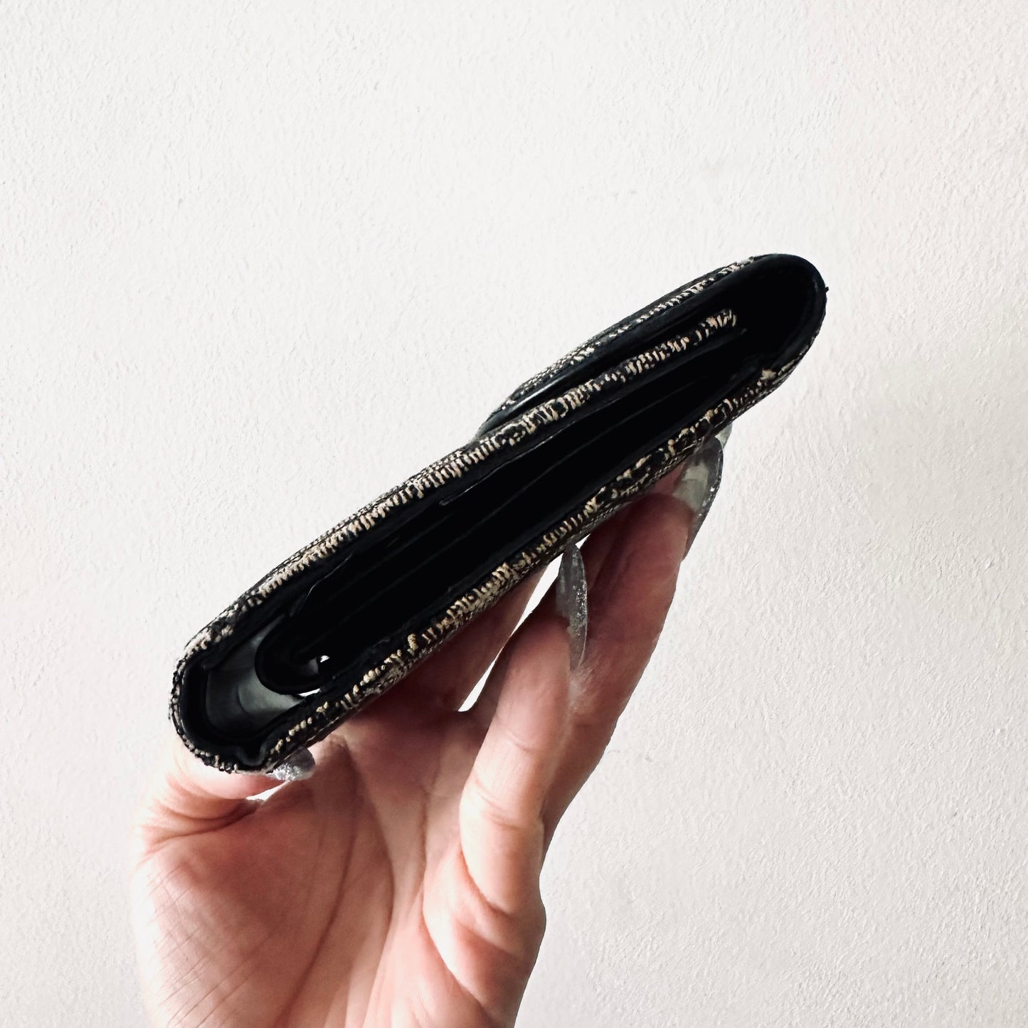 Christian Dior CD Black Saddle Lotus Oblique Monogram Logo Flap Trifold Compact Wallet