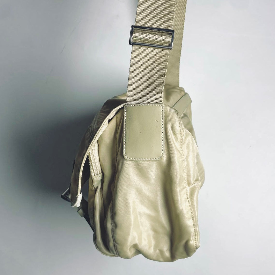 Prada Beige Taupe Vela Classic Logo Nylon & Leather Flap Shoulder Sling Bag