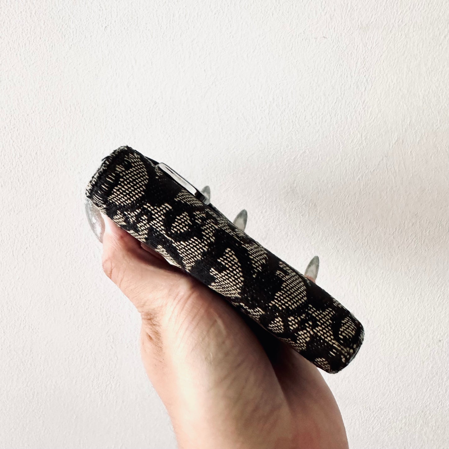 Christian Dior CD Black Saddle Lotus Oblique Monogram Logo Flap Trifold Compact Wallet