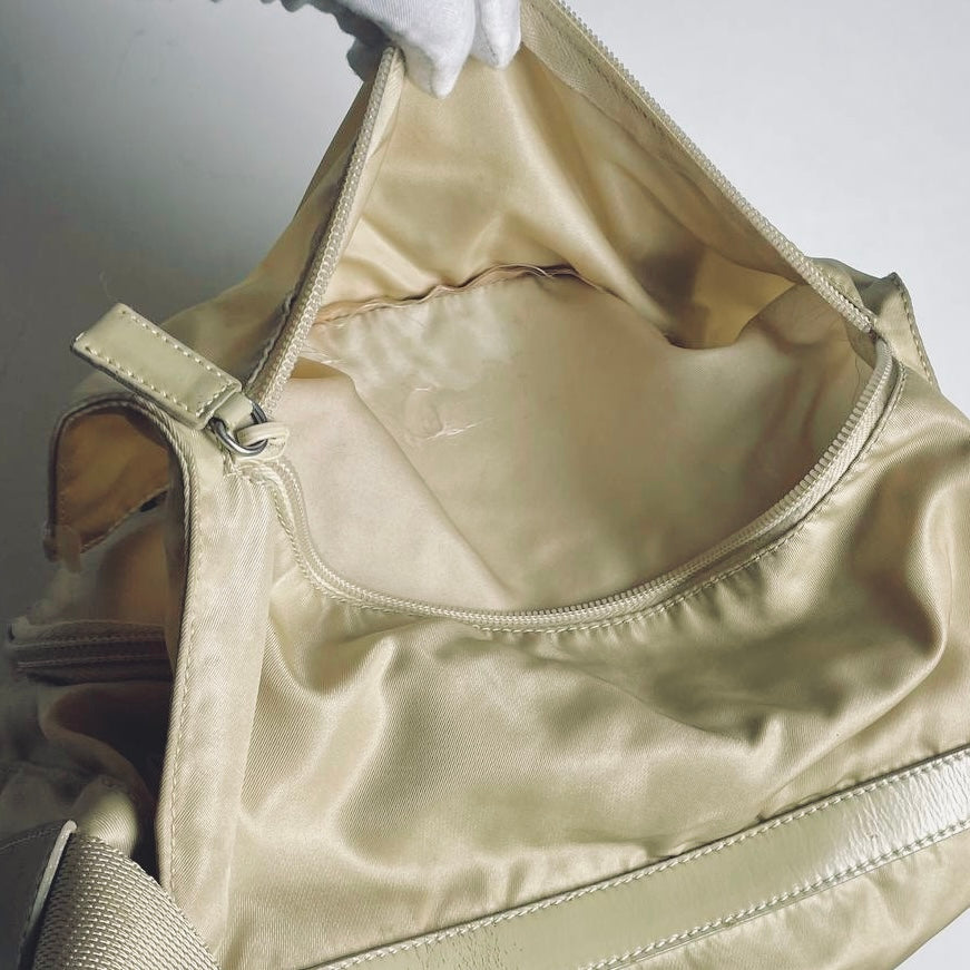 Prada Beige Taupe Vela Classic Logo Nylon & Leather Flap Shoulder Sling Bag