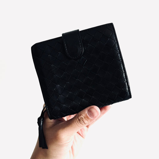 Bottega Veneta BV Black GHW Intrecciato Nappa Woven Leather Bifold Flap Compact Wallet