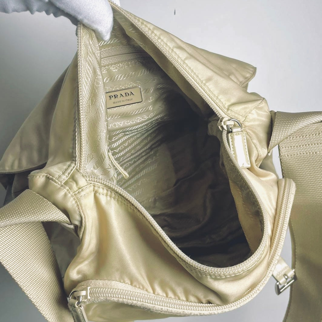 Prada Beige Taupe Vela Classic Logo Nylon & Leather Flap Shoulder Sling Bag