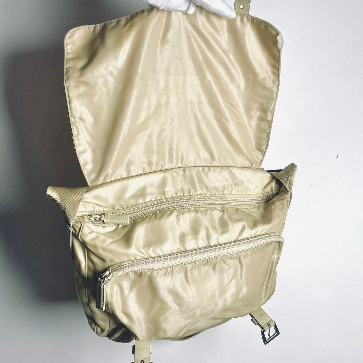 Prada Beige Taupe Vela Classic Logo Nylon & Leather Flap Shoulder Sling Bag
