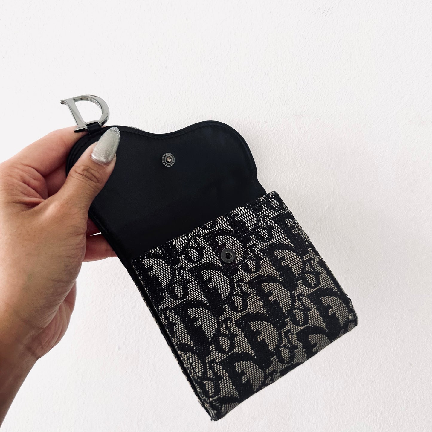 Christian Dior CD Black Saddle Lotus Oblique Monogram Logo Flap Trifold Compact Wallet