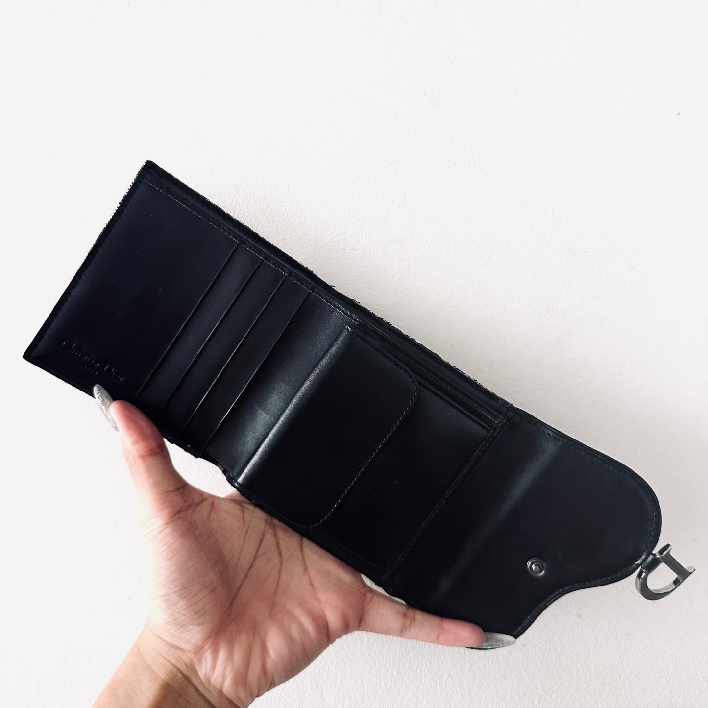 Christian Dior CD Black Saddle Lotus Oblique Monogram Logo Flap Trifold Compact Wallet