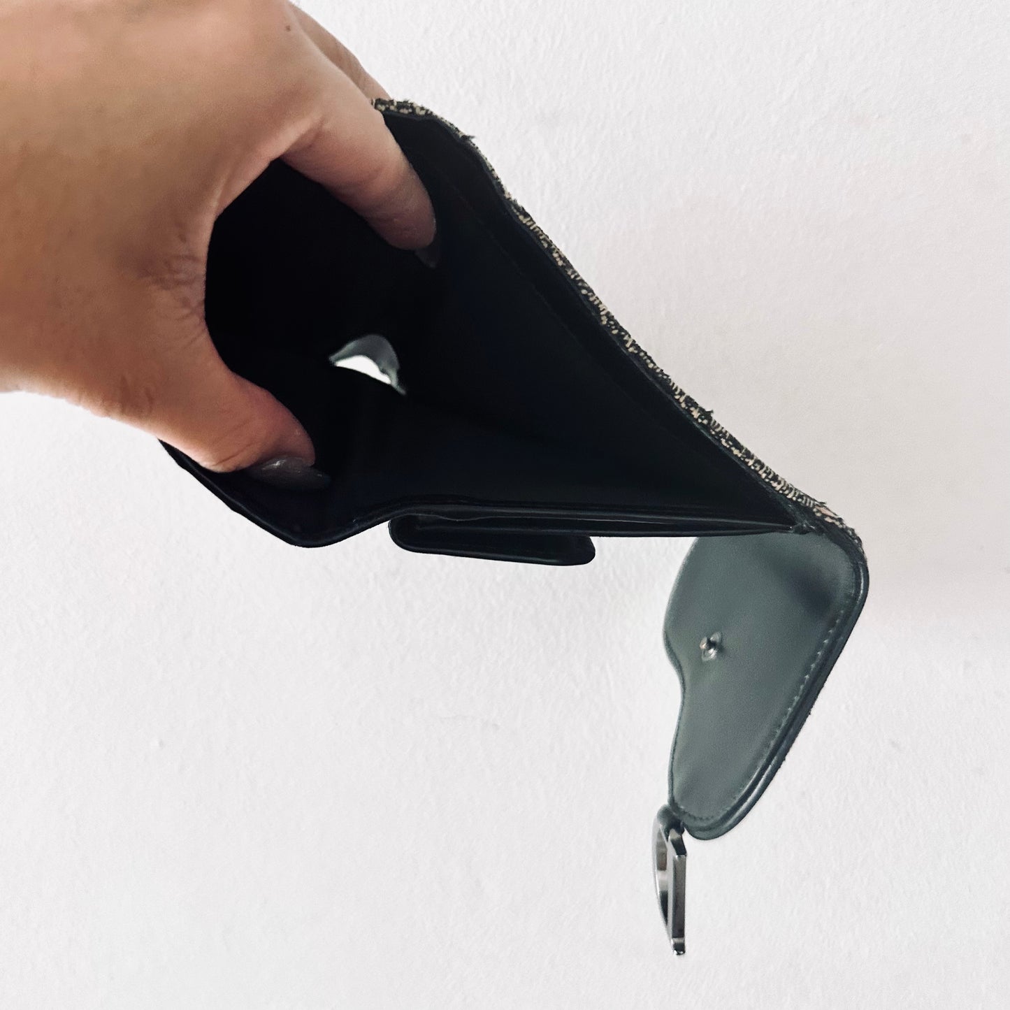 Christian Dior CD Black Saddle Lotus Oblique Monogram Logo Flap Trifold Compact Wallet