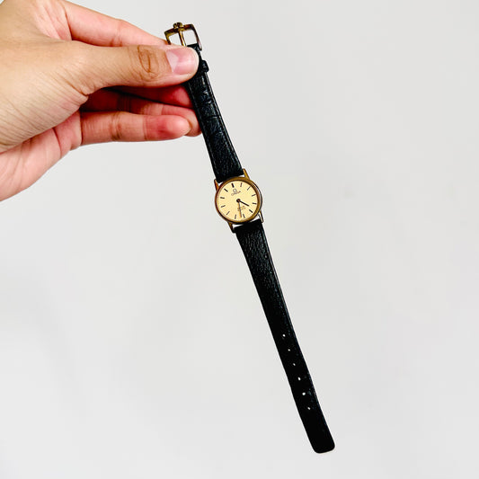 Omega De Ville Gold Round Dial Black Leather Strap Vintage 22MM Quartz Watch