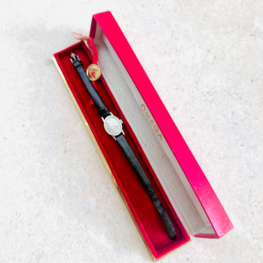 Omega Geneve White Oval Dial Black Leather Strap 16MM Mechanical Vintage Watch