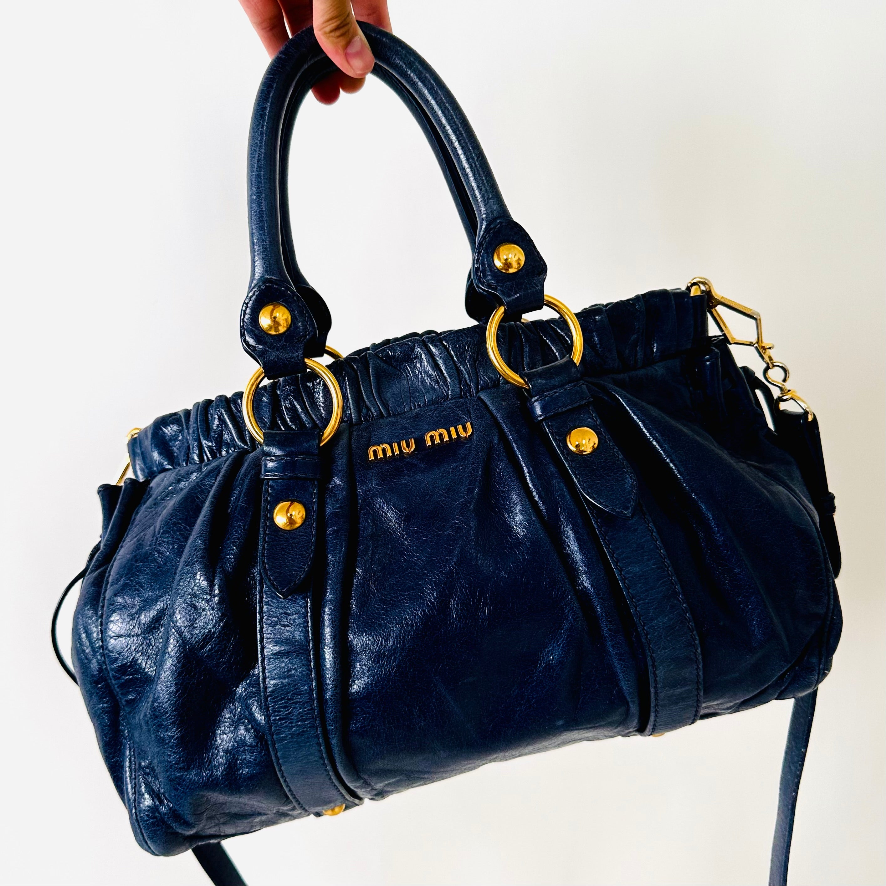 Miu Miu Navy Blue GHW Vitello Shine Leather Classic Logo 2 Way Shopper Shoulder Sling Tote Bag