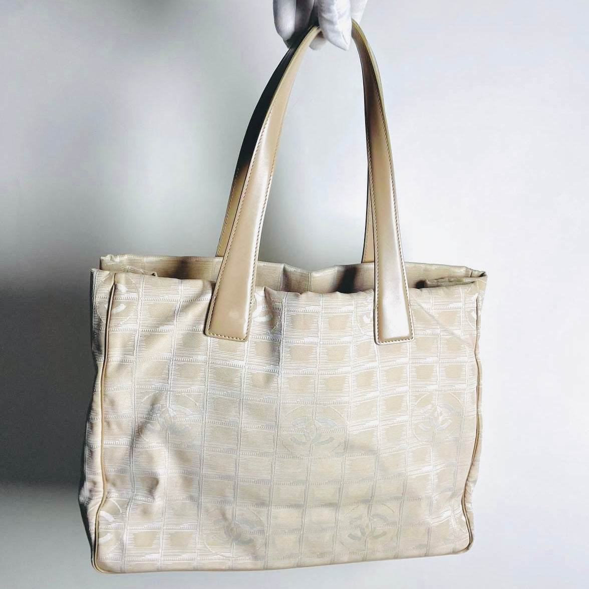 Chanel Taupe Beige GHW Travel Line Quilted Jacquard CC Monogram Logo Shoulder Shopper Tote Bag 8s