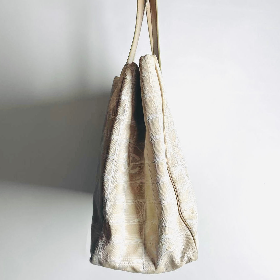 Chanel Taupe Beige GHW Travel Line Quilted Jacquard CC Monogram Logo Shoulder Shopper Tote Bag 8s
