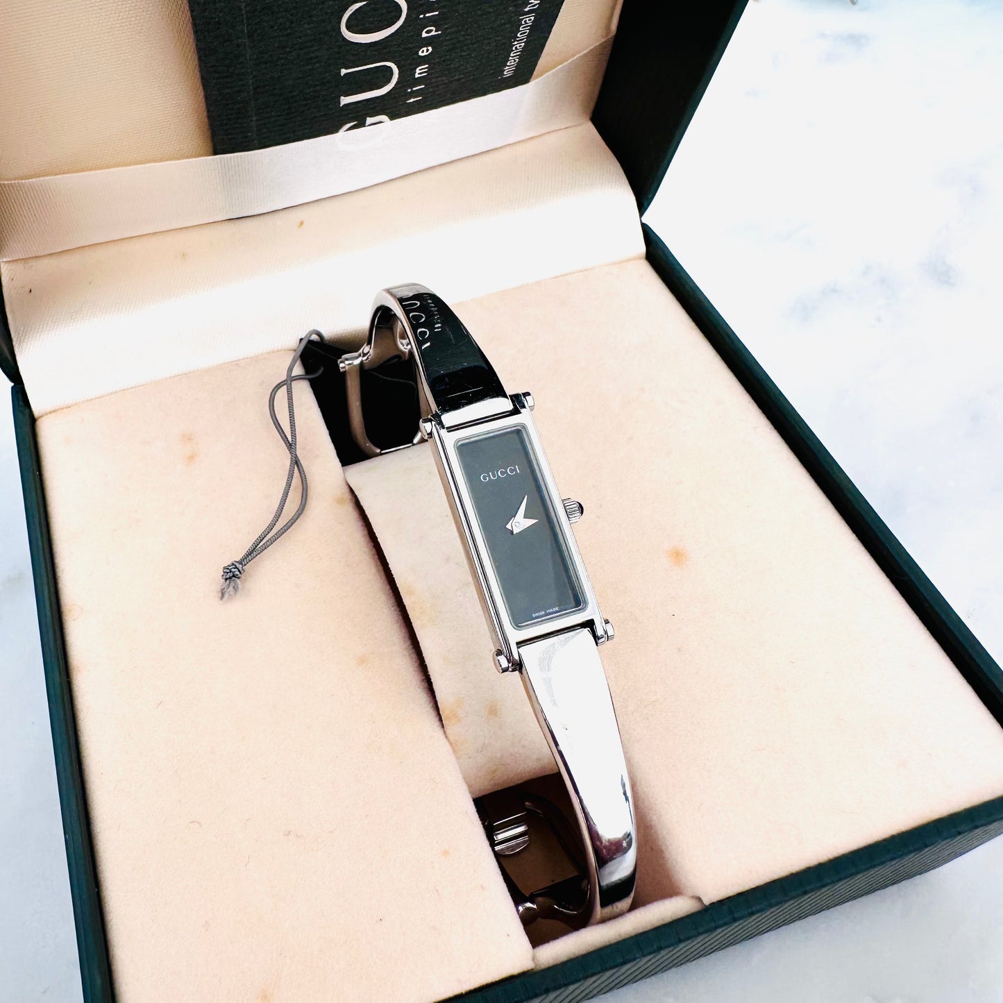 Gucci Black Rectangular Dial Stainless Steel Bracelet Bangle 12MM 1500L Watch