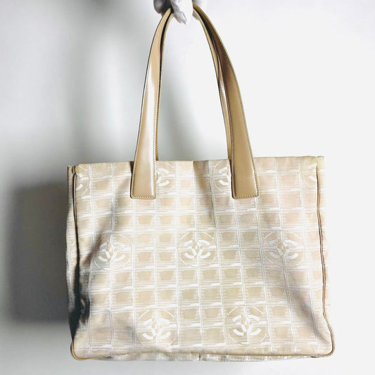Chanel Taupe Beige GHW Travel Line Quilted Jacquard CC Monogram Logo Shoulder Shopper Tote Bag 8s