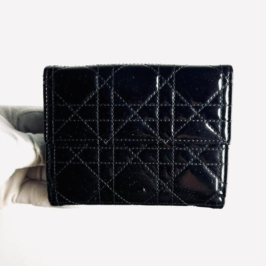 Christian Dior CD Lady Dior Black Cannage Quilted Patent Monogram Logo Flap Compact Bifold Wallet