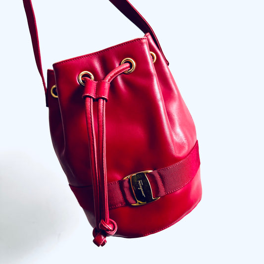 Salvatore Ferragamo Vara Bow Cherry Red GHW Monogram Logo Smooth Leather Bucket Shoulder Sling Bag