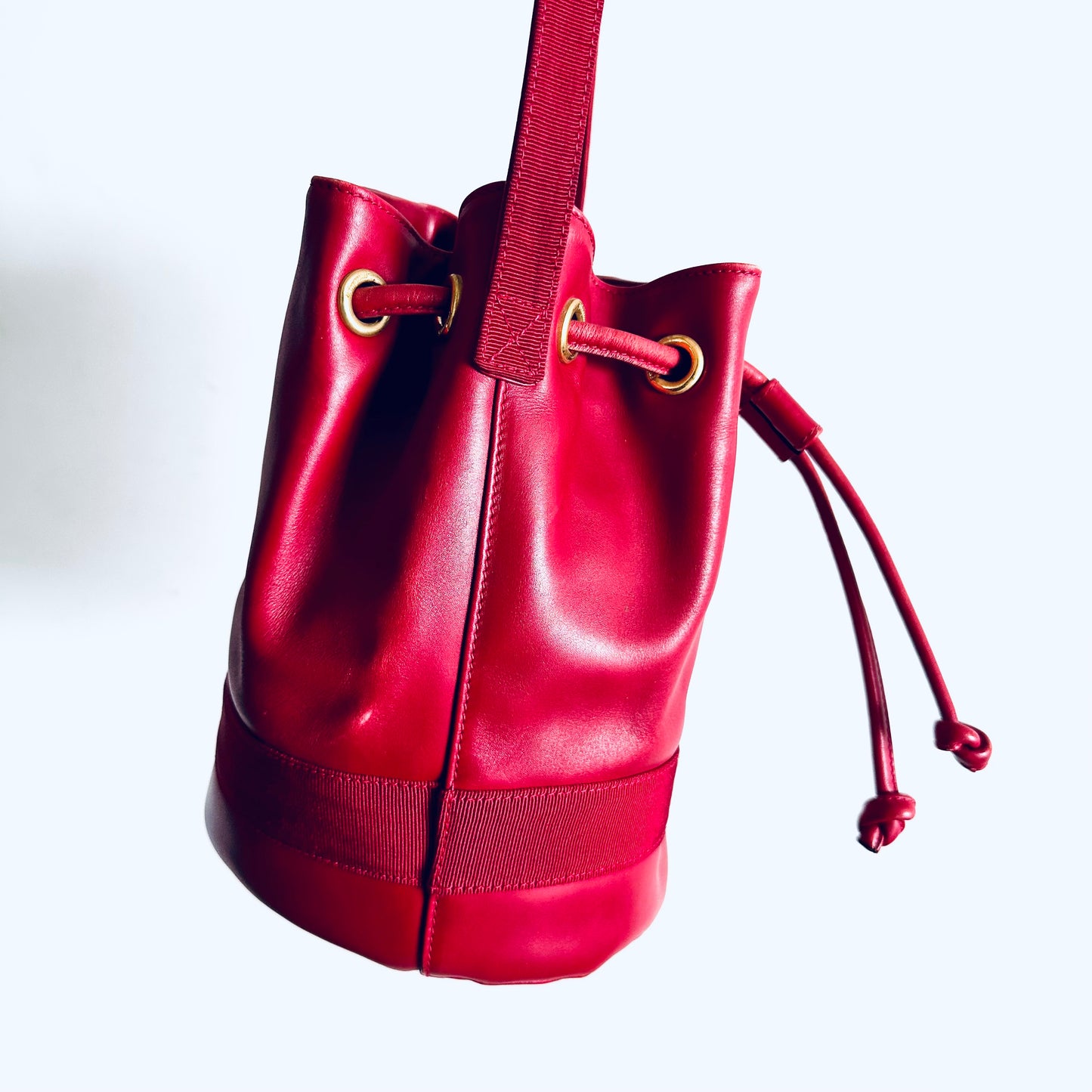 Salvatore Ferragamo Vara Bow Cherry Red GHW Monogram Logo Smooth Leather Bucket Shoulder Sling Bag