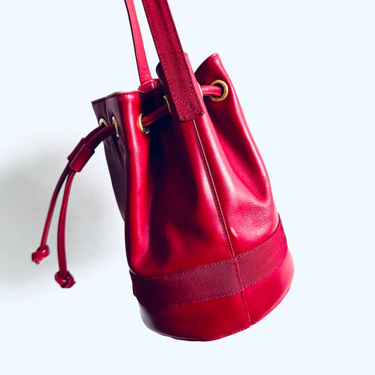 Salvatore Ferragamo Vara Bow Cherry Red GHW Monogram Logo Smooth Leather Bucket Shoulder Sling Bag