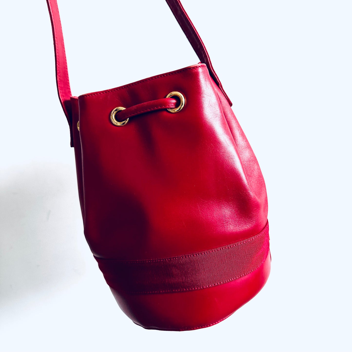 Salvatore Ferragamo Vara Bow Cherry Red GHW Monogram Logo Smooth Leather Bucket Shoulder Sling Bag