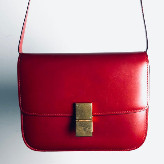 Celine Deep Red GHW Medium Classic Box Monogram Logo Smooth Leather Flap Shoulder Sling Bag
