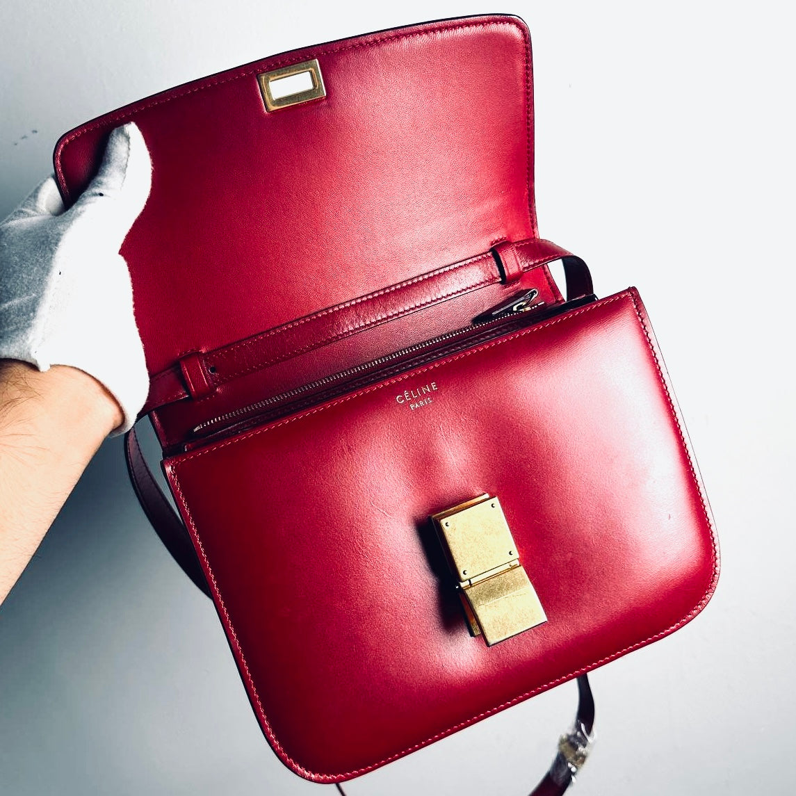 Celine Deep Red GHW Medium Classic Box Monogram Logo Smooth Leather Flap Shoulder Sling Bag