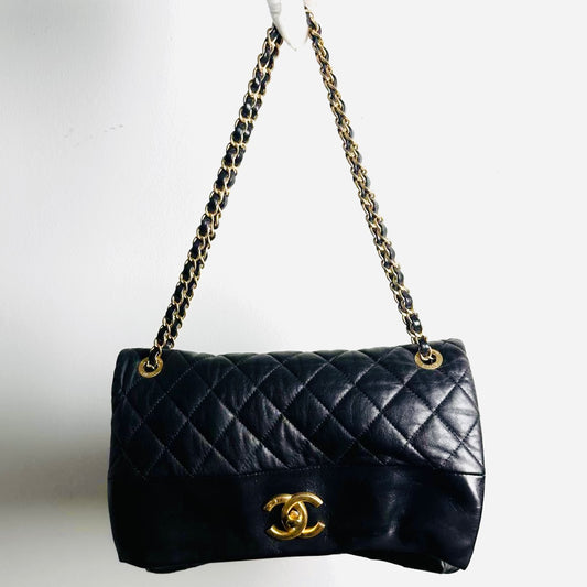 Chanel Black GHW Soft Elegance Jumbo Classic Quilted Lambskin Single Flap Turnlock CC Monogram Logo Chain Shoulder Sling Bag 20s