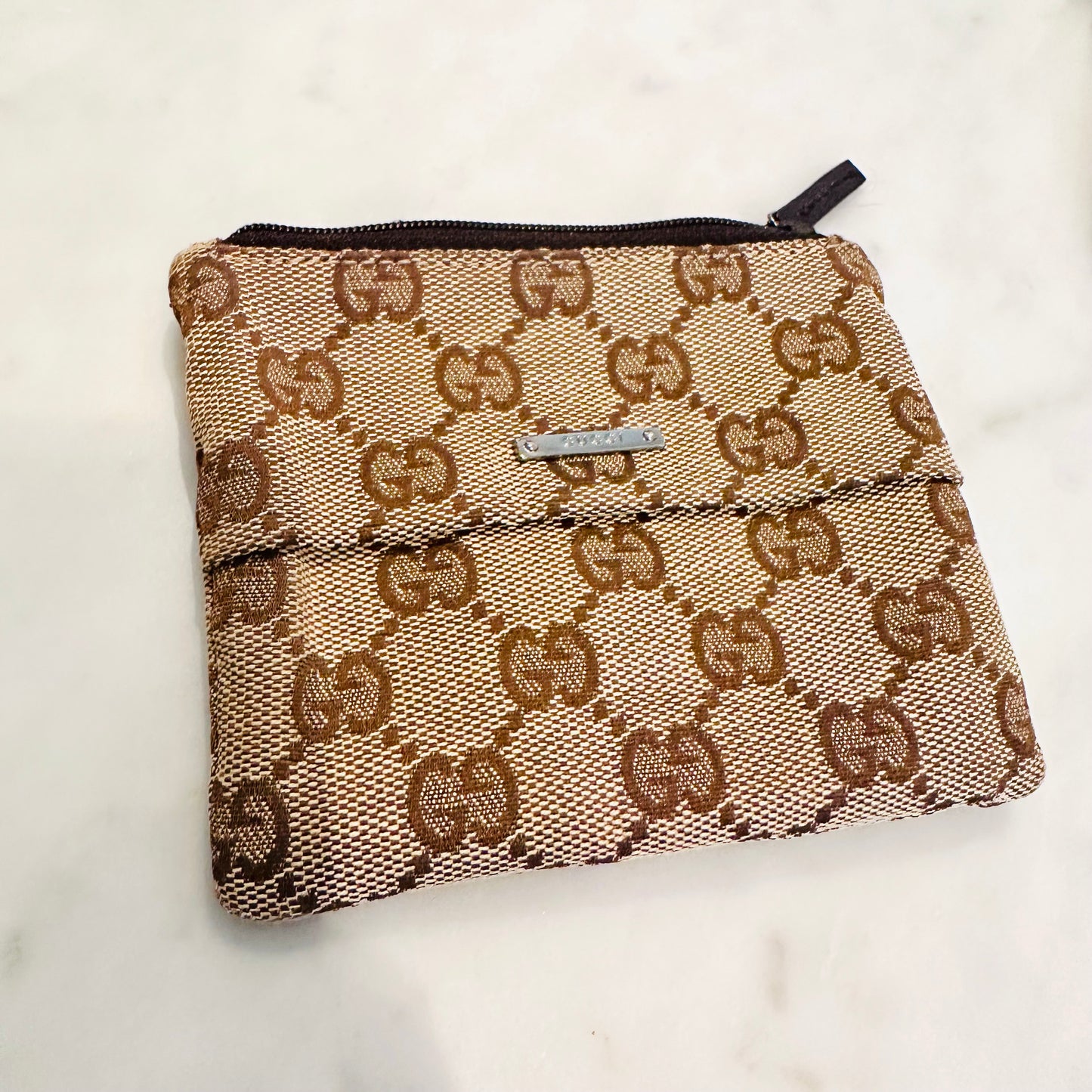 Gucci Beige GG Monogram Logo Zip Small Pouch