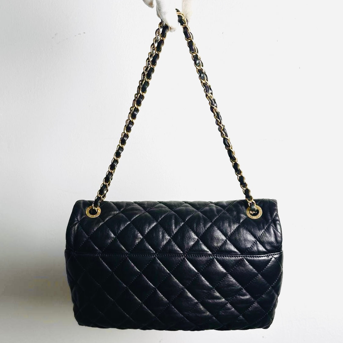Chanel Black GHW Soft Elegance Jumbo Classic Quilted Lambskin Single Flap Turnlock CC Monogram Logo Chain Shoulder Sling Bag 20s