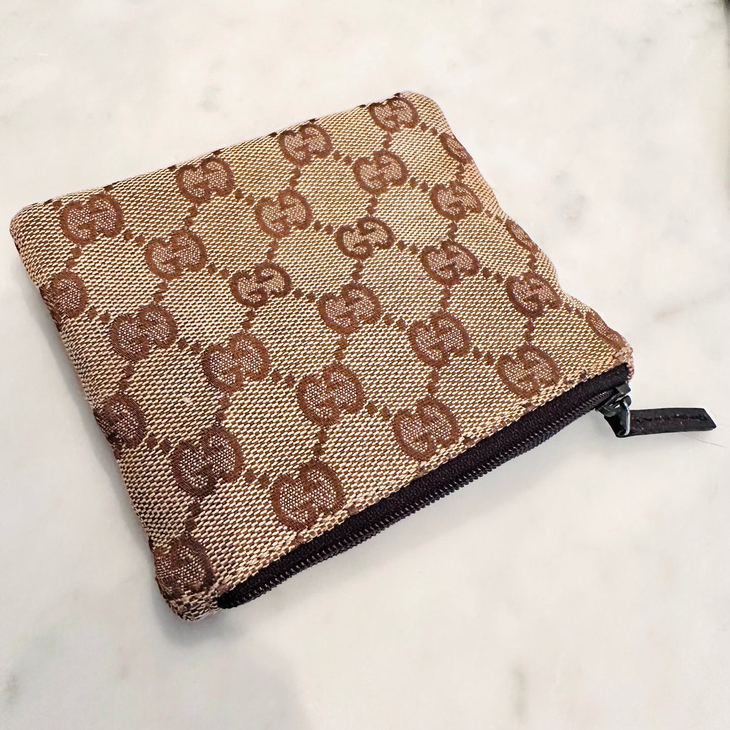 Gucci Beige GG Monogram Logo Zip Small Pouch