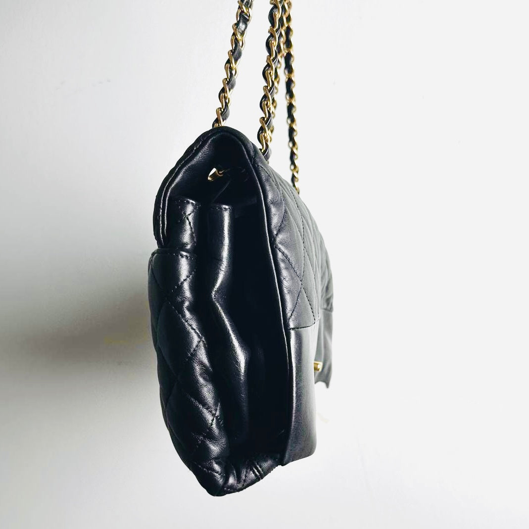 Chanel Black GHW Soft Elegance Jumbo Classic Quilted Lambskin Single Flap Turnlock CC Monogram Logo Chain Shoulder Sling Bag 20s