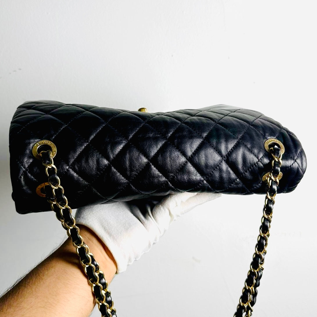 Chanel Black GHW Soft Elegance Jumbo Classic Quilted Lambskin Single Flap Turnlock CC Monogram Logo Chain Shoulder Sling Bag 20s