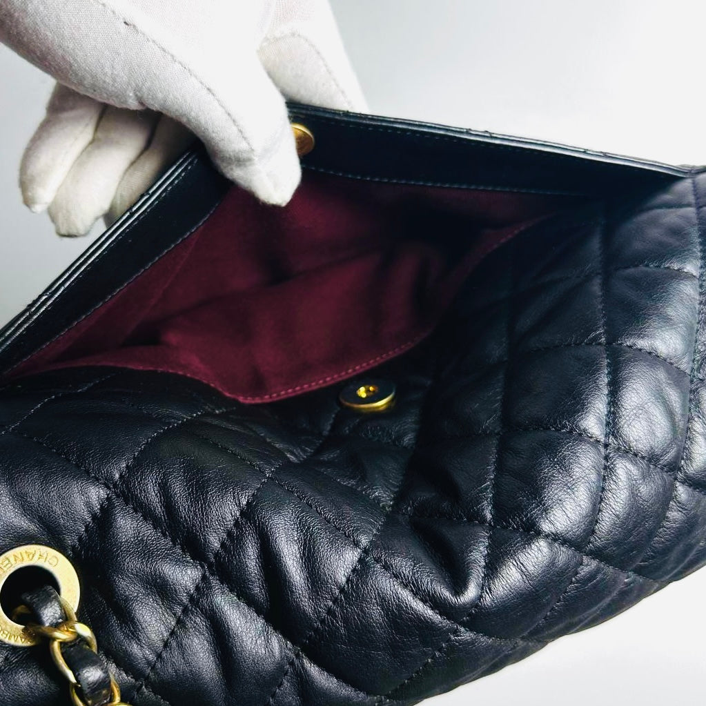 Chanel Black GHW Soft Elegance Jumbo Classic Quilted Lambskin Single Flap Turnlock CC Monogram Logo Chain Shoulder Sling Bag 20s