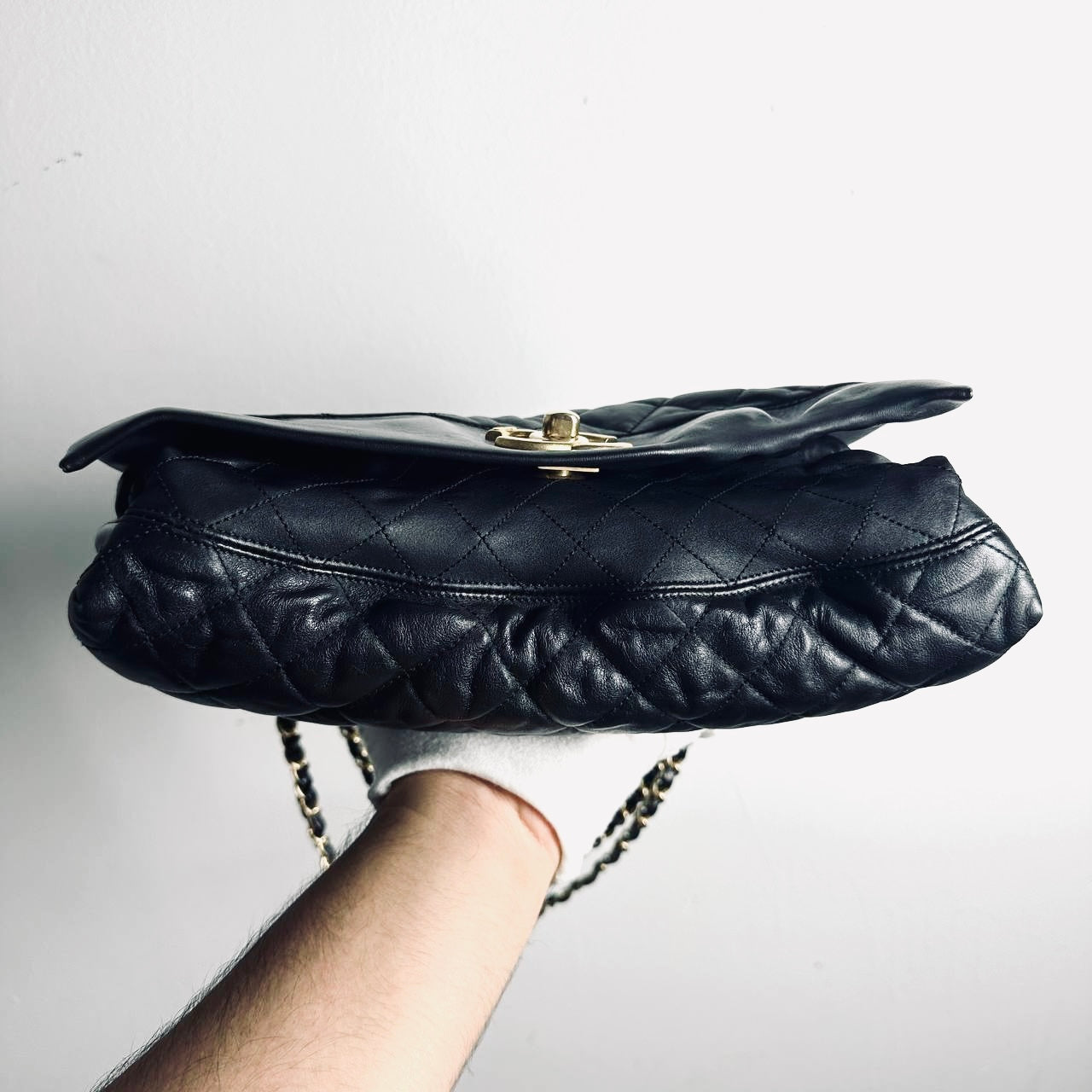 Chanel Black GHW Soft Elegance Jumbo Classic Quilted Lambskin Single Flap Turnlock CC Monogram Logo Chain Shoulder Sling Bag 20s
