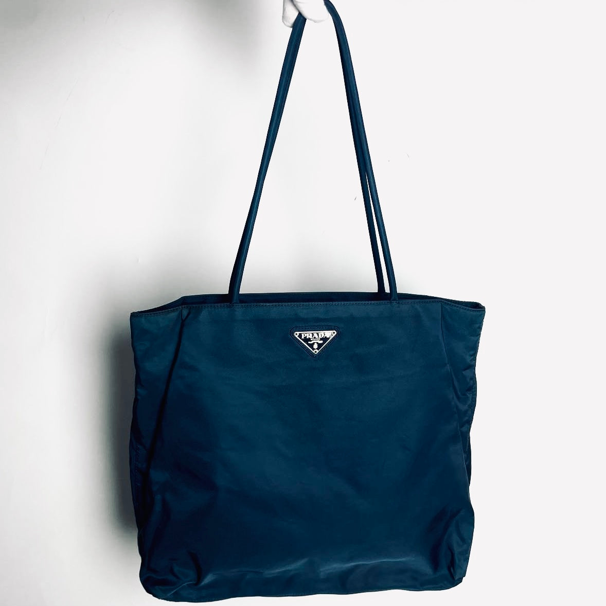 Prada Teal Blue Tessuto City Monogram Logo Nylon Structured Shoulder Shopper Tote Bag
