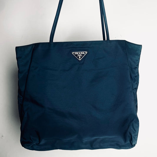 Prada Teal Blue Tessuto City Monogram Logo Nylon Structured Shoulder Shopper Tote Bag