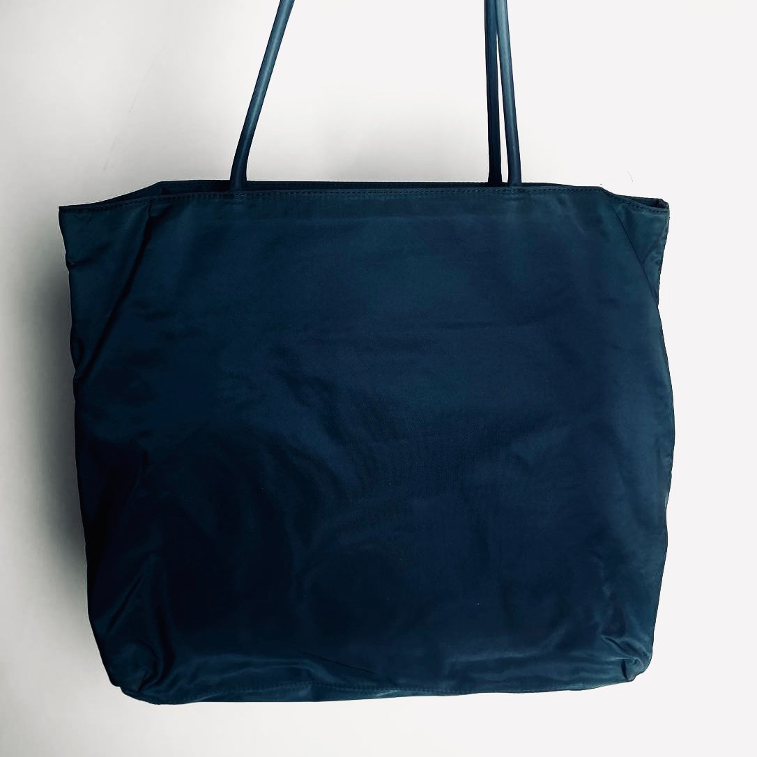 Prada Teal Blue Tessuto City Monogram Logo Nylon Structured Shoulder Shopper Tote Bag