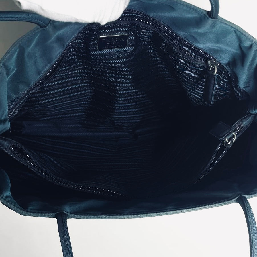 Prada Teal Blue Tessuto City Monogram Logo Nylon Structured Shoulder Shopper Tote Bag
