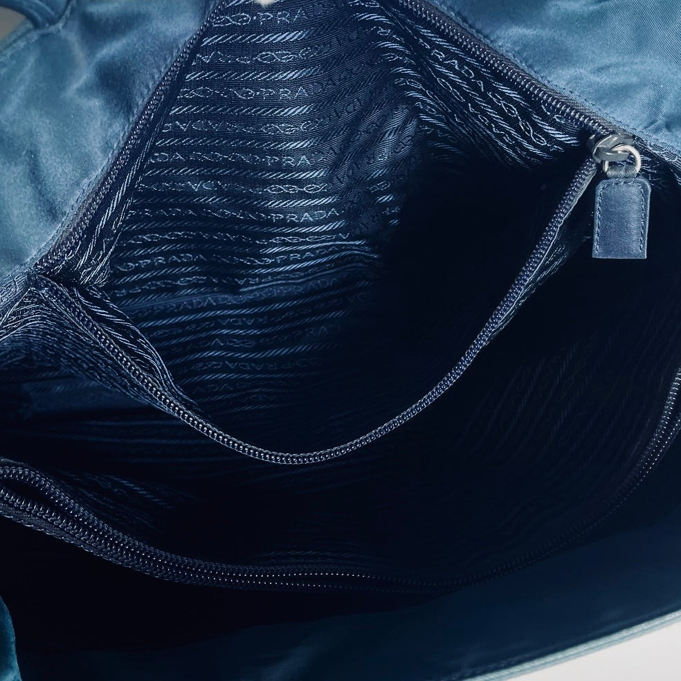 Prada Teal Blue Tessuto City Monogram Logo Nylon Structured Shoulder Shopper Tote Bag