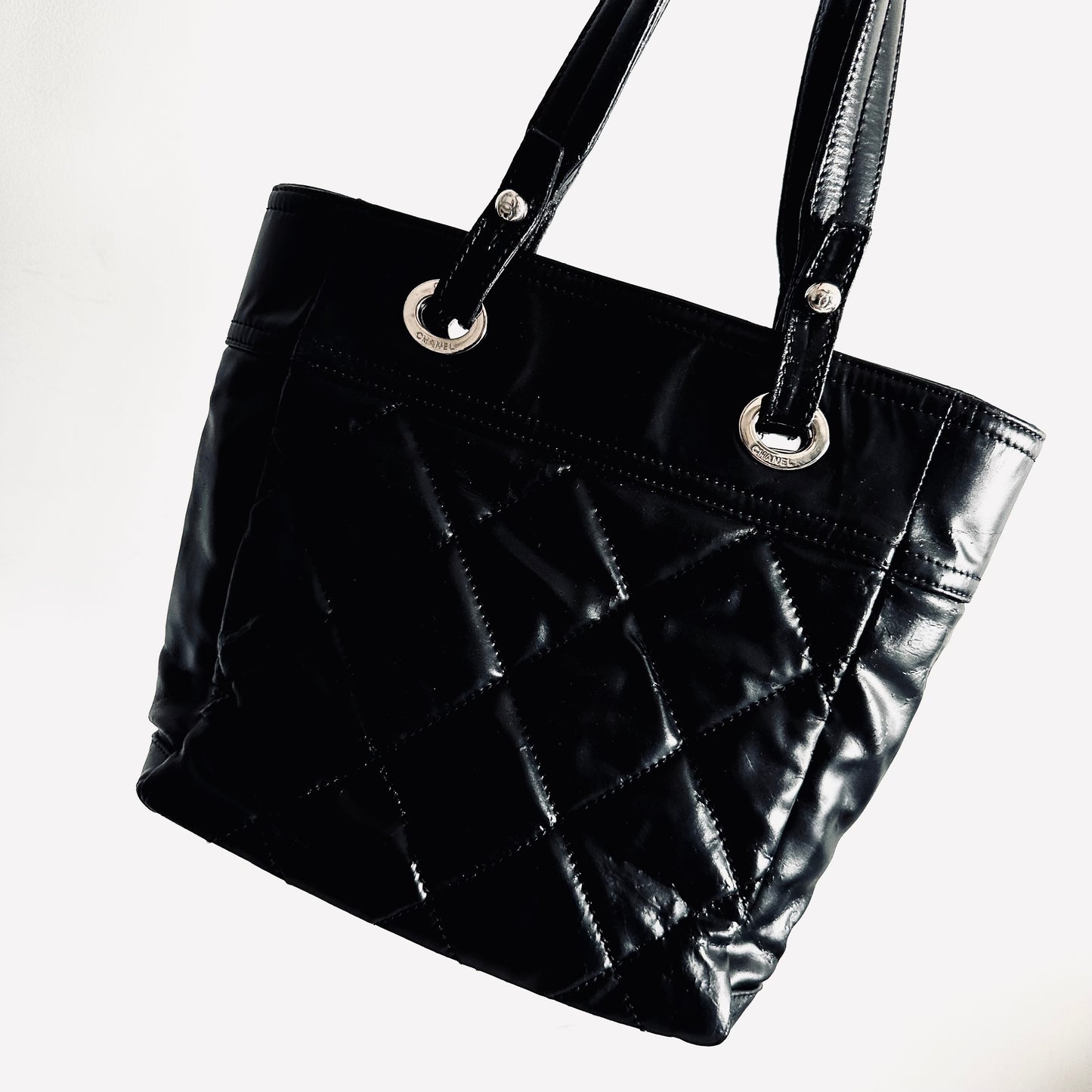 Chanel Black Paris Biarritz CC Monogram Logo Quilted Patent Leather Shoulder Shopper Tote Bag 13s